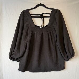 Ichi Womens Crepe Peasant Boho Top Size 38 Black Smocked Square Neck Flowy Hippy